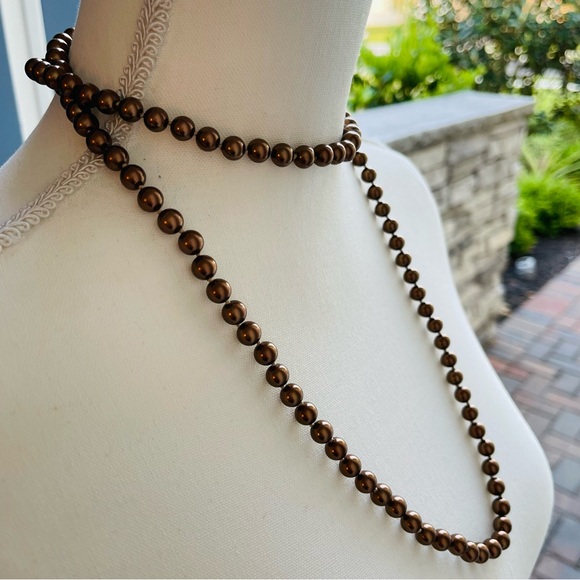 Vintage Opera Length  Knotted Rich Chocolate Brown Glass Pearl 40" Long Necklace - Picture 5 of 14